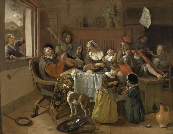 خانواده شاد نوشته جان استین 1668 نقاشی هلندی رنگ روغن روی بوم پدر در حالی که لیوان را بالا می‌برد آواز می‌خواند و مادر و مادربزرگ به آن می‌پیوندند بچه‌ها یا در حال وزیدن به باد هستند