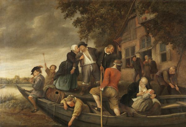 بازگشت به خانه شاد اثر ژان استین 1670-79 نقاشی هلندی رنگ روغن روی بوم یک مرد پس از خروج از مسافرخانه در پس‌زمینه درست به یک قایق کمک می‌شود او به چندین نفر دیگر از جمله کودکان می پیوندد
