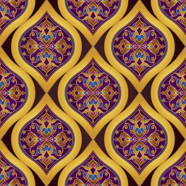 وکتور الگوی بدون درز با تزئینات گلدار روشن طراحی وینتیج به سبک شرقی زینتی سعی میکنم تزئینات گلدار تزئین شده برای کاغذ دیواری تصویرسازی سنتی عربی با عناصر طلایی