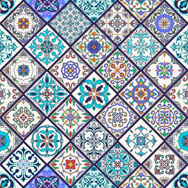 وکتور بافت بدون درز الگوی مگا پچ ورک زیبا برای طراحی و مد با عناصر تزئینی مجموعه ای از کاشی های پرتغالی آزوله جو تالاورا زیور آلات مراکشی