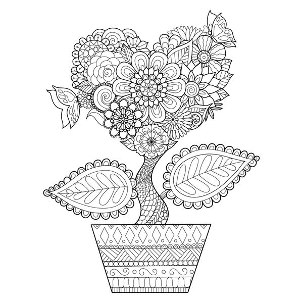 گل به شکل قلب روی خط گلدان طرح هنری برای کتاب رنگ آمیزی بزرگسالان گرافیک تیشرت کارت و غیره