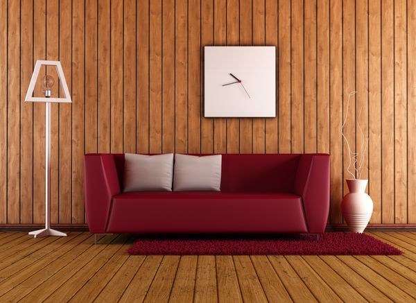 مبل قرمز مدرن در یک اتاق چوبی - رندر سه بعدی