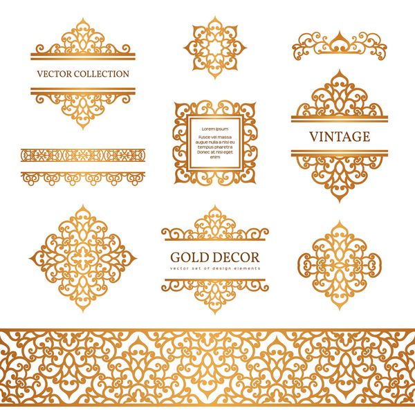 حاشیه و قاب طلایی قدیمی مجموعه عناصر طراحی تزئینی تزئینات وکتور طلایی روی سفید