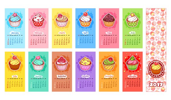 تقویم سال 2017 با کیک های کوچک هفته از یکشنبه شروع می شود شیرینی کارتونی خوشمزه وکتور قالب تقویم برای کودکان