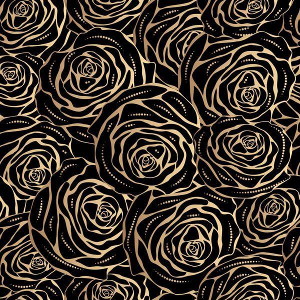 الگوی بدون درز طلایی مجلل از گل‌های رز و امواج تلطیف‌شده روی پس‌زمینه سیاه