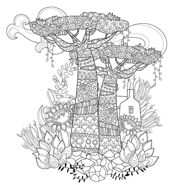 طرح طرح طرح ابله دستی درخت و خانه تزئین شده با تزئینات گل تصویر وکتور ذن تزیینات گل طرح برای صفحات رنگ آمیزی پوستر یا بزرگسالان سبک بوهو