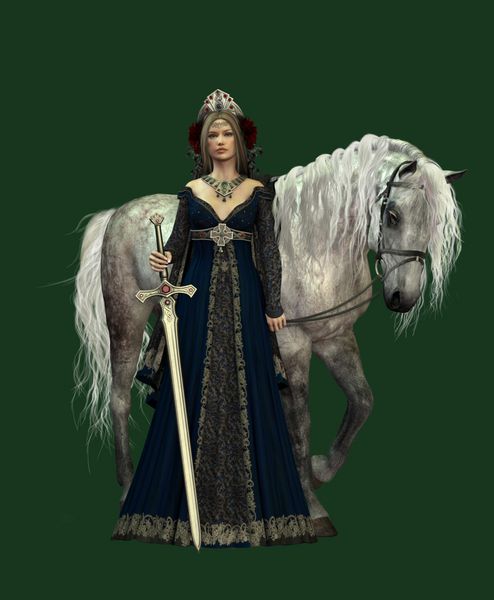 یک زن جوان با لباس قرون وسطایی و یک اسب سفید