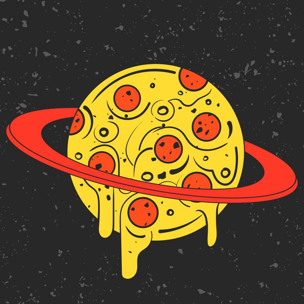 تصویر خنده دار با دست کشیده شده از سیاره پیتزا مانند در sp لوگوتایپ شیک فست فود مدرن یا نماد غذا خوردن تصاویر وکتور جدا شده مناسب برای چاپ پوستر تی شرت و پارچه