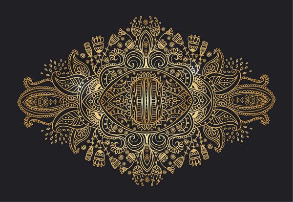 کارت طلای سیاه زینتی با ماندالا عنصر دایره هندسی ساخته شده در وکتور سبک قبیله ای بوهو بوهمی کالیدوسکوپ مدالیون یوگا هند عربی