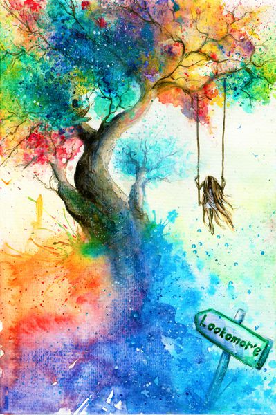 نقاشی فانتزی رنگارنگ روشن از یک افسانه تصویرسازی سورئال و مفهومی آبرنگ دختری روی درختی که در سرزمین عجایب تاب می خورد برگ های رنگین کمان و اطراف رویایی