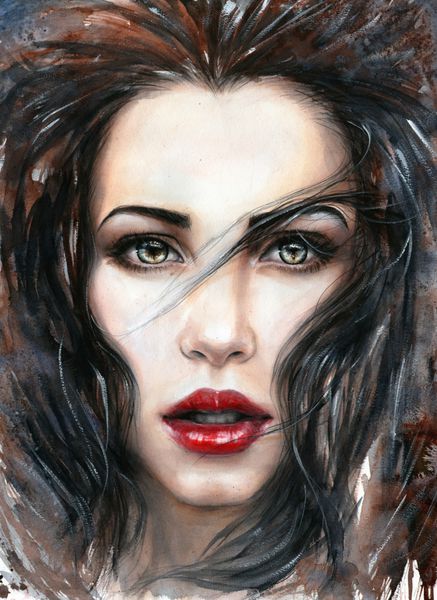 نقاشی آبرنگ یک دختر پرتره زن چشم های رسا لب های قرمز موهای بلند قهوه ای