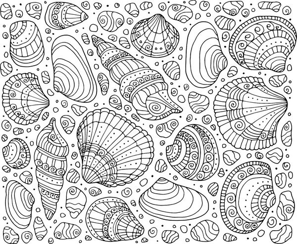 پس زمینه هنری الگوی صدف دریایی وکتور زنتاگل صفحه کتاب رنگ آمیزی برای بزرگسالان اثر هنری کشیده شده با دست مفهوم ساحل برای کارت منوی رستوران سیاه سفید
