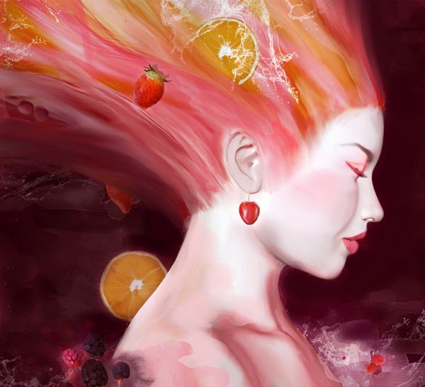پرتره مد دختری با میوه ها در موهایش - تصویر سه بعدی و آبرنگ