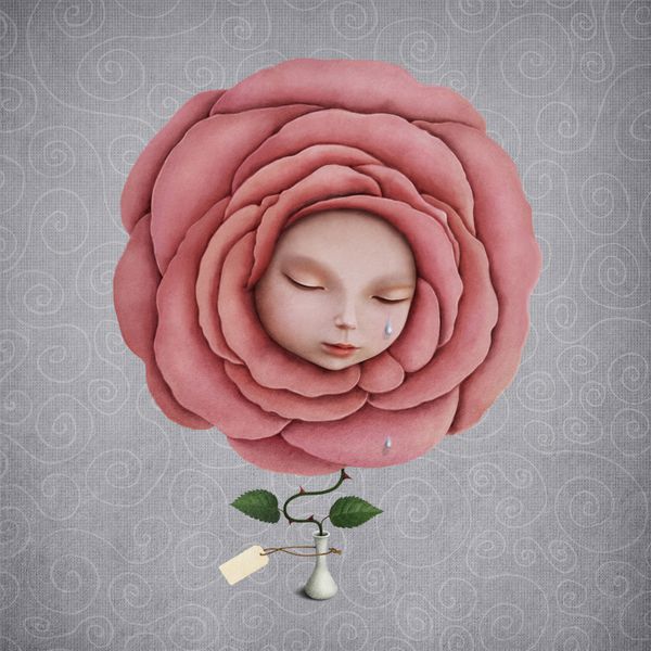 تصویر مفهومی دختری با سرش در گل رز شکفته