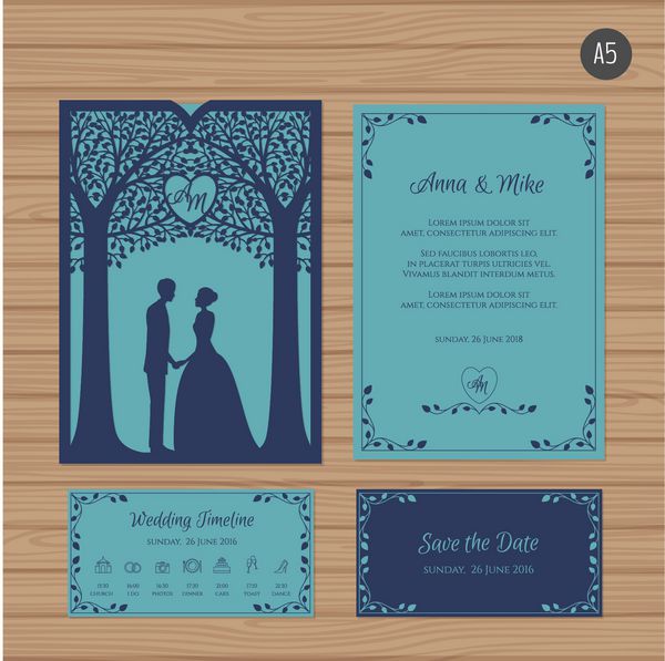 دعوتنامه عروسی با عروس و داماد و درخت الگوی پاکت کاغذی ماکت پاکت دعوت عروسی برای برش لیزری وکتور