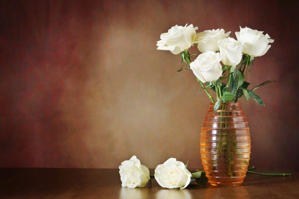 طبیعت بی جان با گل رز سفید در گلدان روی موج سواری چوبی در برابر پس زمینه قهوه ای