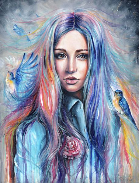 نقاشی رنگارنگ اکریلیک از یک دختر زیبا با پرندگان در پس زمینه ابری پرتره زن مرموز و سورئال