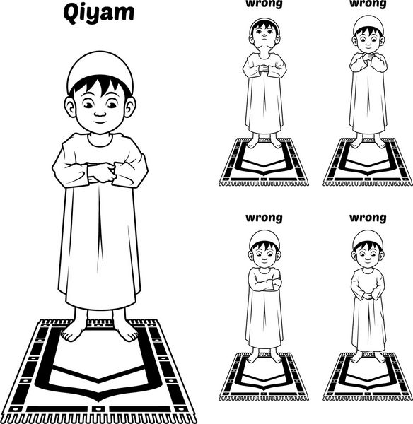 راهنمای وضعیت نماز مسلمان گام به گام اجرا توسط پسر ایستاده و قرار دادن هر دو دست با حالت اشتباه نسخه طرح تصویر وکتور