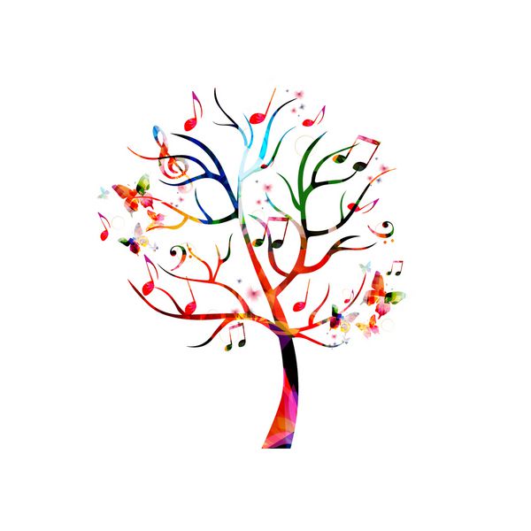 درخت موسیقی رنگارنگ با نت های موسیقی و پروانه ها