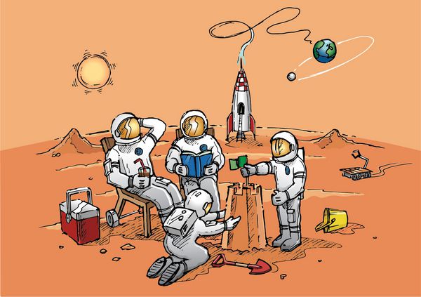 مفهوم گردشگری sp خانواده‌ای با لباس‌های اسپرت در حال لذت بردن از موج‌سواری در مریخ به‌گونه‌ای که انگار ساحل است sp et و Earth در پس زمینه