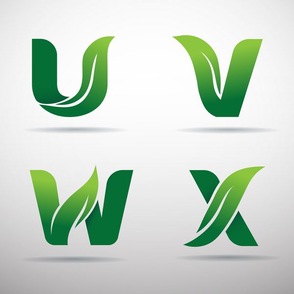 مجموعه ای از آرم حروف سبز سبز با برگ uvwx