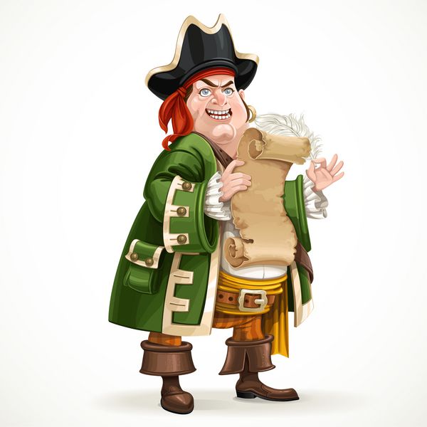 دزد دریایی ناز پیر با لباس مجلسی با پوستی کهنه و پر در پس زمینه سفید ایستاده است