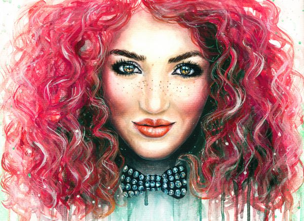 نقاشی آبرنگ یک دختر جوان زیبا با موهای مجعد قرمز مایل به قرمز بلند و پاپیون شیک پرتره زن در پس زمینه کاغذ سفید
