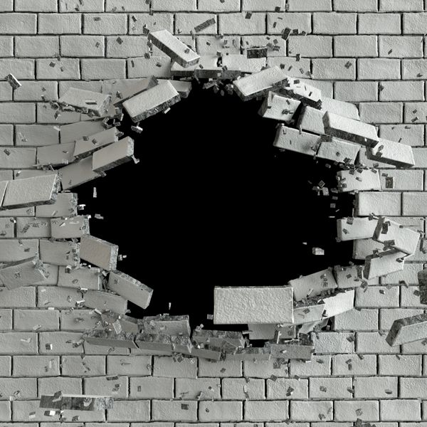 رندر سه بعدی تصاویر سه بعدی انفجار دیوار آجری ترک خورده سوراخ گلوله تخریب پس زمینه انتزاعی