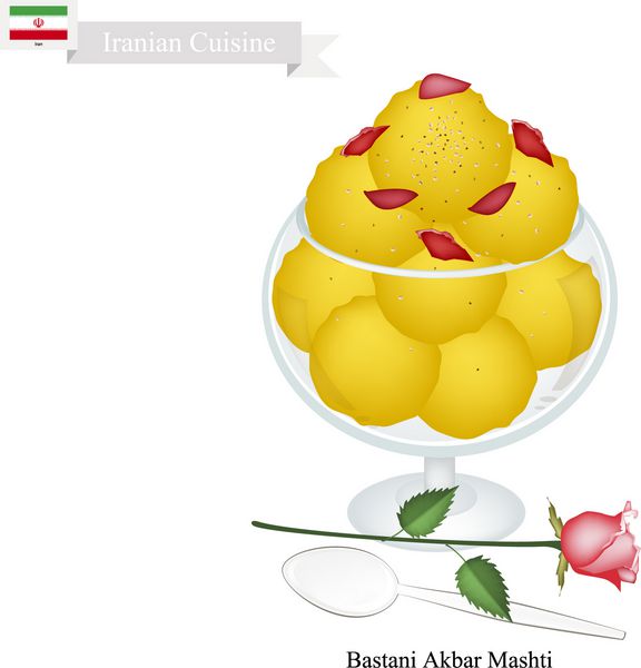 غذاهای ایرانی باستانی آک مشتی یا بستنی سنتی از شیر تخم مرغ شکر گلاب و زعفران یکی از معروف ترین دسرهای ایران