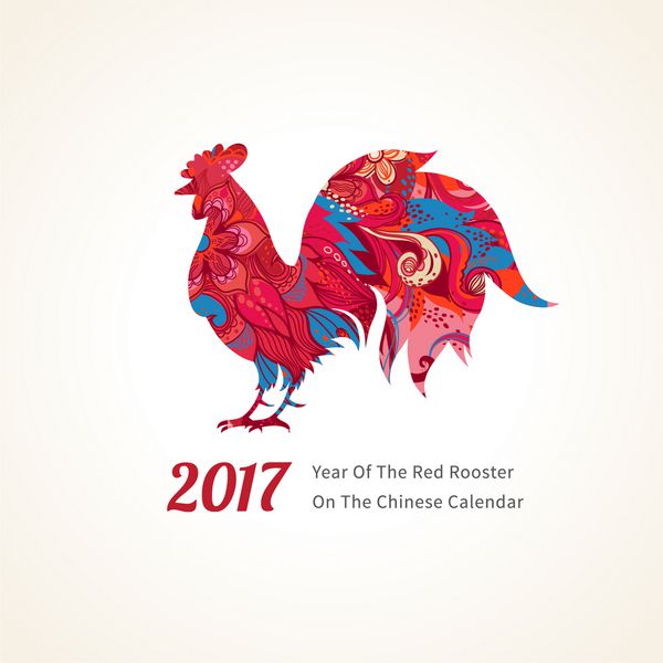 وکتور از خروس نماد سال 2017 در تقویم چینی شبح قرمز تزئین شده با الگوهای گل عنصر وکتور برای طراحی سال جدید تصویر سال 2017 خروس قرمز