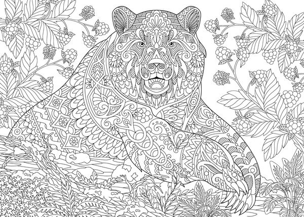 خرس گریزلی سبک در میان توت سیاه یا تمشک در منطقه جنگلی طرح آزاد برای صفحه کتاب رنگ آمیزی بزرگسالان ضد استرس