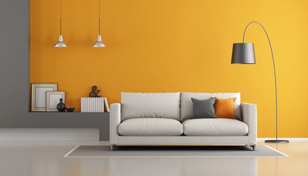 اتاق نشیمن مدرن خاکستری و نارنجی با مبل - رندر سه بعدی