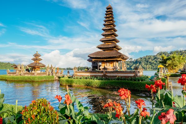 معبد پورا اولون دانو براتان در جزیره بالی معبد هندو با گل در دریاچه براتان آسیا معبد بزرگ آب جزیره بالی اندونزی معبد آب هندو - نماد فرهنگ اندونزی چشم انداز آسیا