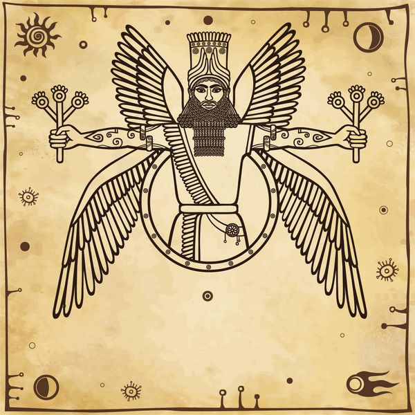 خدای بالدار آشوری باستان شخصیت اساطیر سومری پس زمینه - تقلید از کاغذ قدیمی وکتور