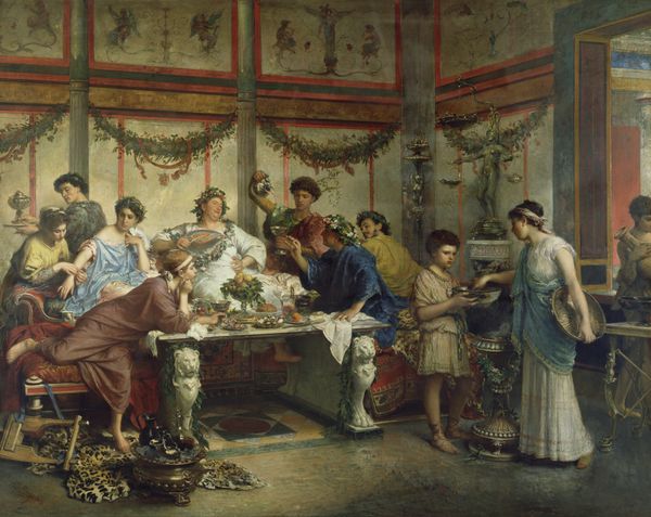 یک جشن رومی اثر روبرتو بومپیانی 1885-1899 نقاشی ایتالیایی رنگ روغن روی بوم صحنه ژانر تخیلی تلاش برای بازآفرینی اصیل زندگی رومی اما همچنین آزادی دوره اختلاط را گرفت