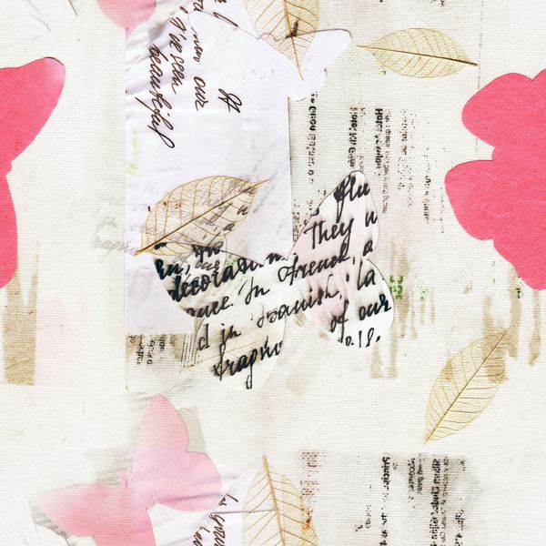 الگوی بدون درز سبک رترو با تکه‌هایی از حروف و بافت‌های کاغذی قدیمی با پروانه‌های بریده شده از کاغذ و برگ‌های اسکلت روی بوم پس زمینه انتزاعی