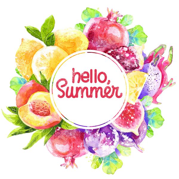 قاب گرد رنگارنگ هلو انار انجیر لیمو میوه اژدها اکلیل تصویری آبرنگ از برگ و میوه قابل استفاده به عنوان کارت تبریک تولد عروسی غذای گیاهی سلام بر تابستان