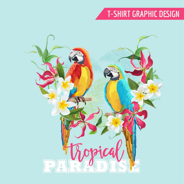 طراحی گرافیک استوایی پرنده طوطی و گل چاپ مد تی شرت پس زمینه وکتور