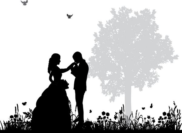 وکتور شبح زوج عروسی داماد و عروس در طبیعت دست در دست