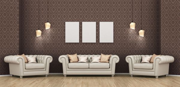اتاق داخلی با مبل صندلی راحتی و یک تصویر خالی روی دیوار کاغذ دیواری لامپ تصویر سه بعدی
