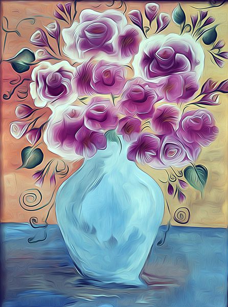 ترکیب گل زیبا طبیعت بی جان با دست خلاقانه به سبک وینتیج کشیده شده است تصویر دیجیتال منحصر به فرد با گل رز قرمز باغ تابستانی تحت اثر نقاشی رنگ روغن گل های رنگارنگ در گلدان شیشه ای