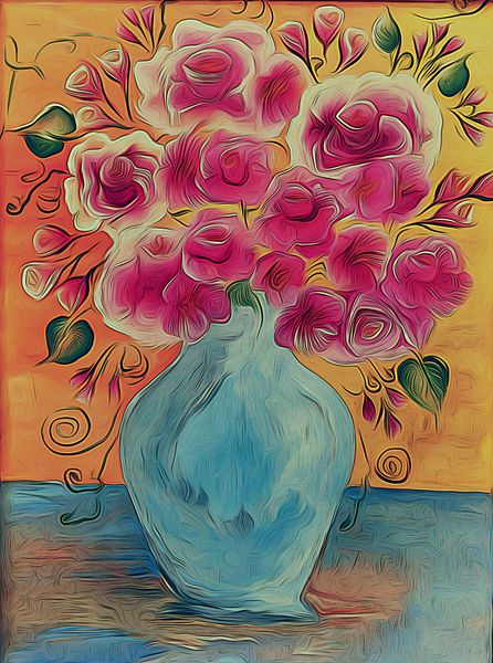 ترکیب گل زیبا طبیعت بی جان با دست خلاقانه به سبک وینتیج کشیده شده است تصویر دیجیتال منحصر به فرد با گل رز قرمز باغ تابستانی تحت اثر نقاشی رنگ روغن گل های رنگارنگ در گلدان شیشه ای