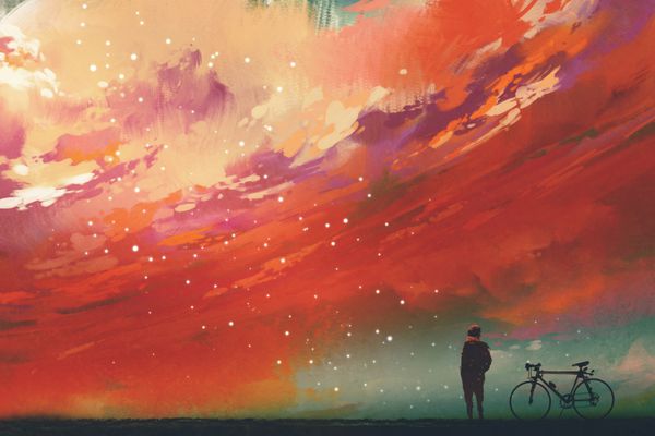 مردی با دوچرخه ایستاده در برابر ابرهای قرمز در آسمان تصویر نقاشی دیجیتال