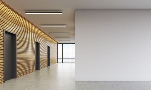 فضای داخلی لابی اداری با دیوارهای چوبی و سفید بزرگ مفهوم ساختمان کسب و کار رندر سه بعدی مدل آزمایشگاهی ماکت