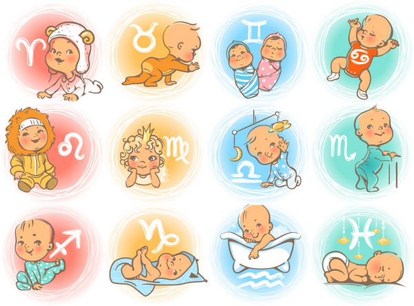 مجموعه ای از نمادهای زودیاک نشانه های فال به عنوان شخصیت های کارتونی پسران و دختران زیبا به عنوان نماد طالع بینی وکتور رنگارنگ کودک پوشک پوش خزیدن نشستن خندان کودک خواب