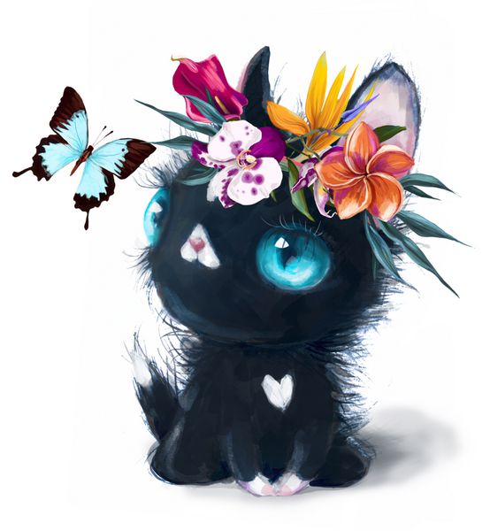گربه سیاه با تاج گل و پروانه
