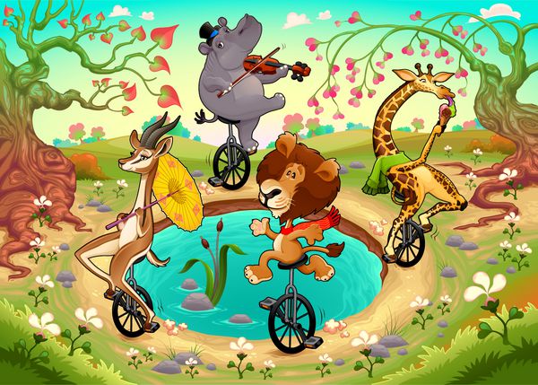 حیوانات وحشی خنده دار روی دوچرخه در جنگل بازی می کنند وکتور تصویر کارتونی