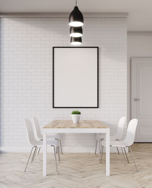 میز ناهار خوری چوبی تخت با صندلی و عکس آویزان شده روی دیوار آجری سفید مفهوم خانه دنج رندر سه بعدی مدل آزمایشگاهی ماکت