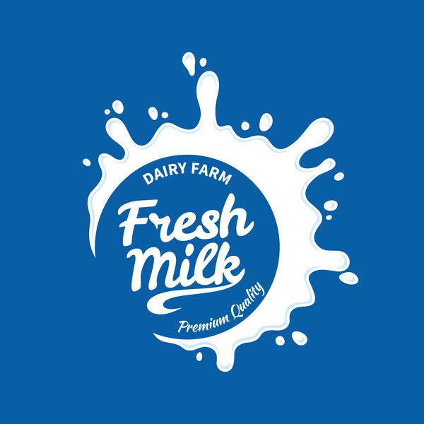 وکتور الگوی لوگوی شیر سفید در پس زمینه آبی شیر ماست یا خامه برای مواد غذایی فروشگاه های کشاورزی بسته بندی و تبلیغات