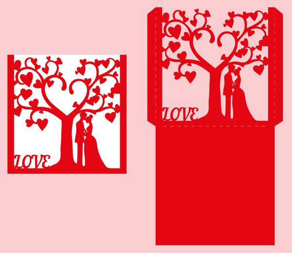 دعوتنامه عروسی با عروس و داماد و درخت الگوی پاکت کاغذی ماکت پاکت دعوت عروسی برای برش لیزری وکتور